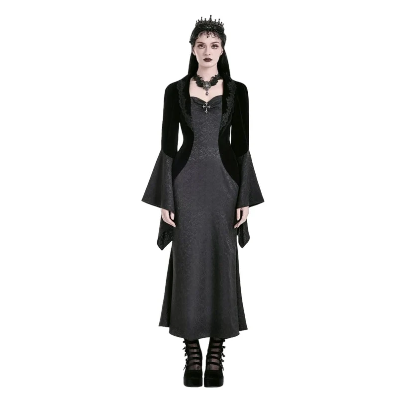 Gothic-Kleid für Damen aus Samt mit Kreuzdekor und Jacquard-Einsätzen, langärmelig