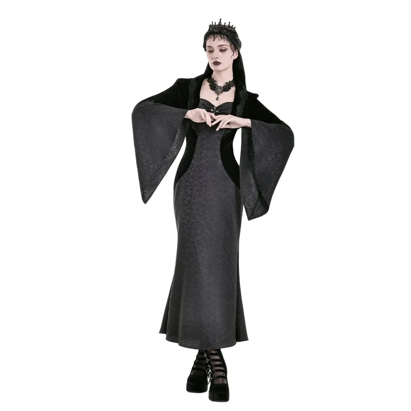 Gothic-Kleid für Damen aus Samt mit Kreuzdekor und Jacquard-Einsätzen, langärmelig