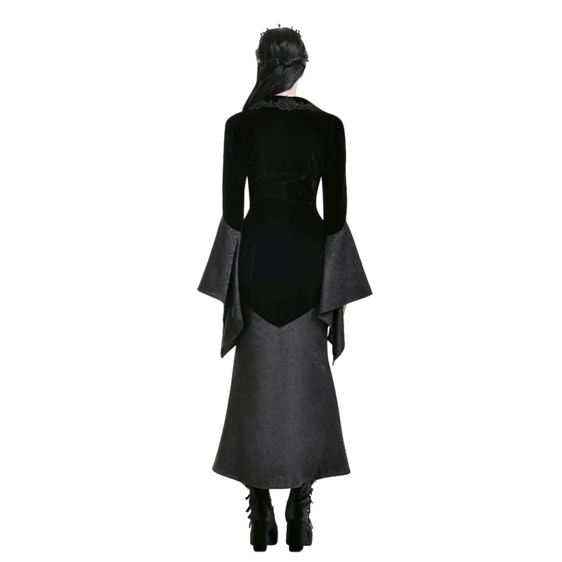 Gothic-Kleid für Damen aus Samt mit Kreuzdekor und Jacquard-Einsätzen, langärmelig