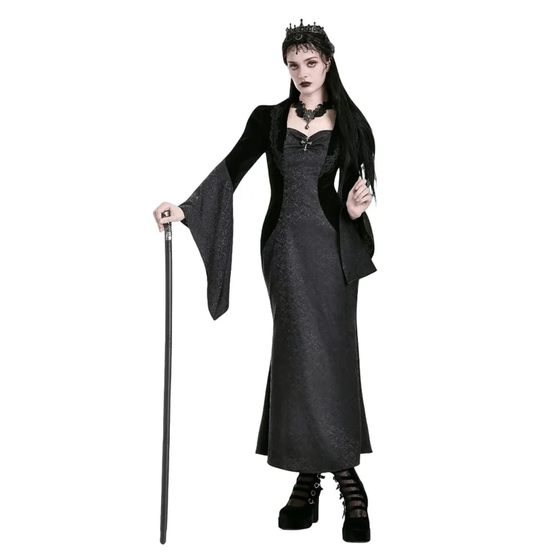 Gothic-Kleid für Damen aus Samt mit Kreuzdekor und Jacquard-Einsätzen, langärmelig