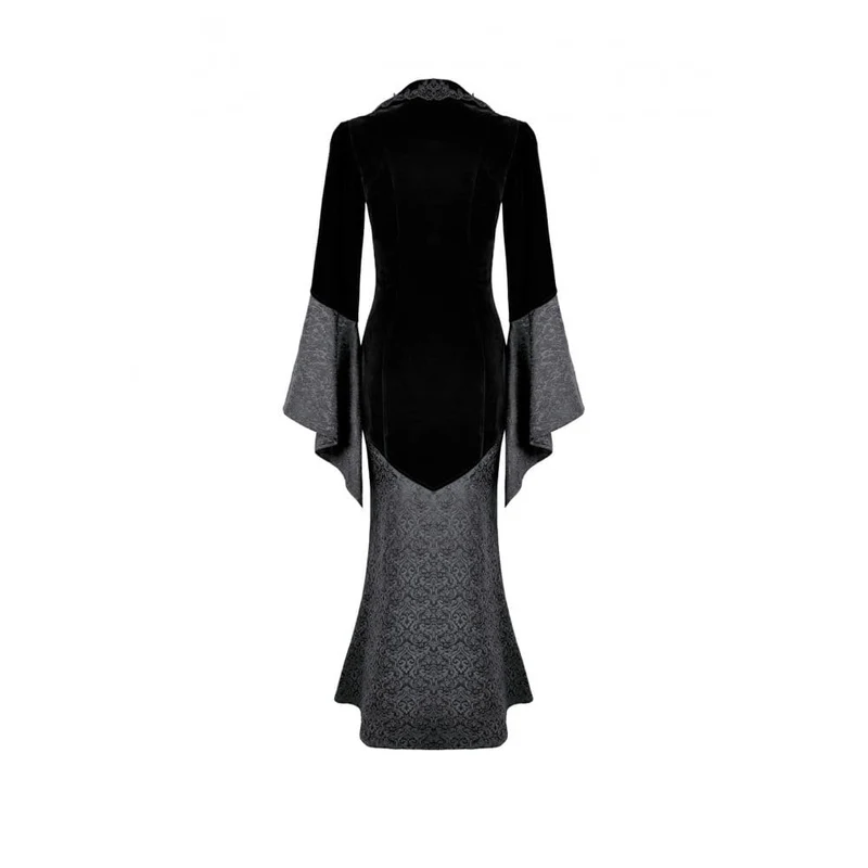 Gothic-Kleid für Damen aus Samt mit Kreuzdekor und Jacquard-Einsätzen, langärmelig
