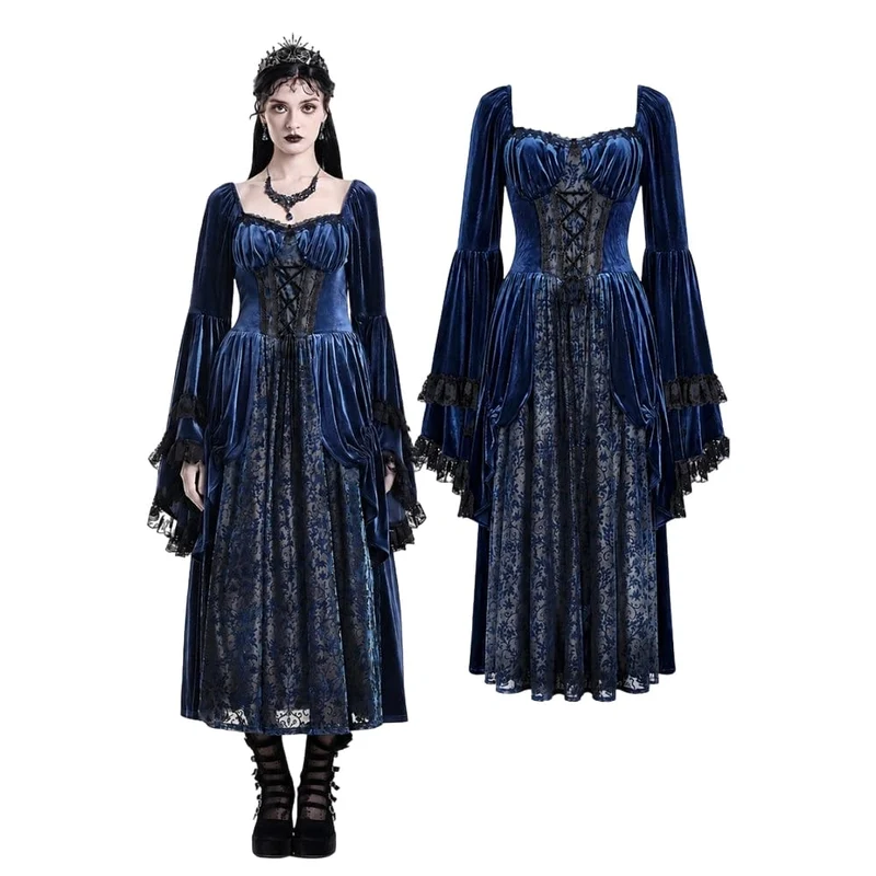 Gothic-Maxikleid für Damen mit Schnürung, Rüschen und ausgestellten Ärmeln, blau