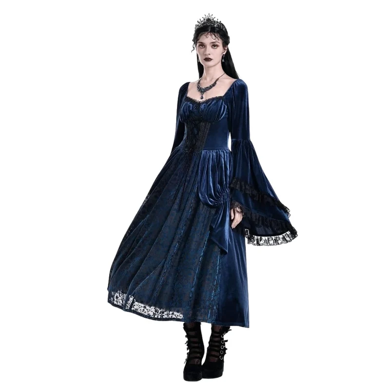 Gothic-Maxikleid für Damen mit Schnürung, Rüschen und ausgestellten Ärmeln, blau