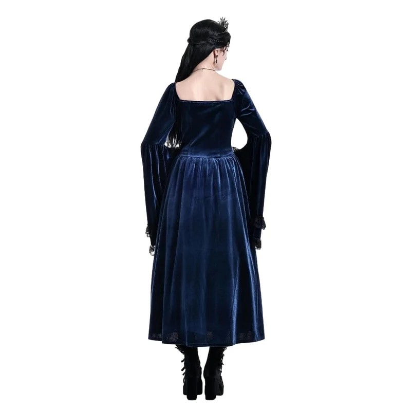 Gothic-Maxikleid für Damen mit Schnürung, Rüschen und ausgestellten Ärmeln, blau