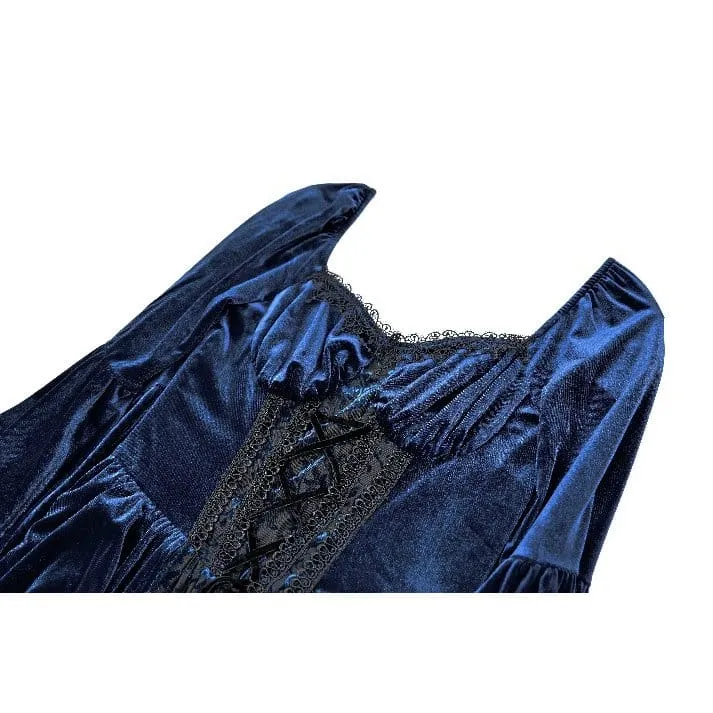 Gothic-Maxikleid für Damen mit Schnürung, Rüschen und ausgestellten Ärmeln, blau