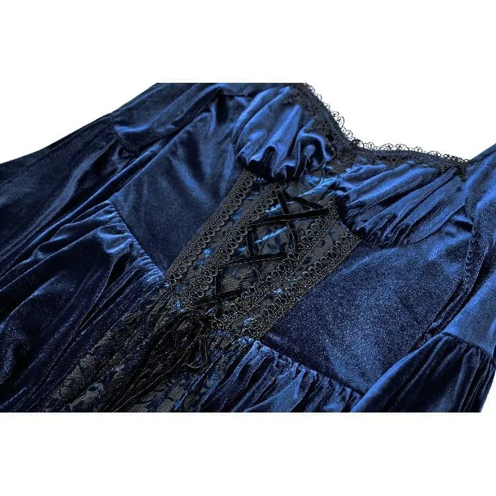 Gothic-Maxikleid für Damen mit Schnürung, Rüschen und ausgestellten Ärmeln, blau