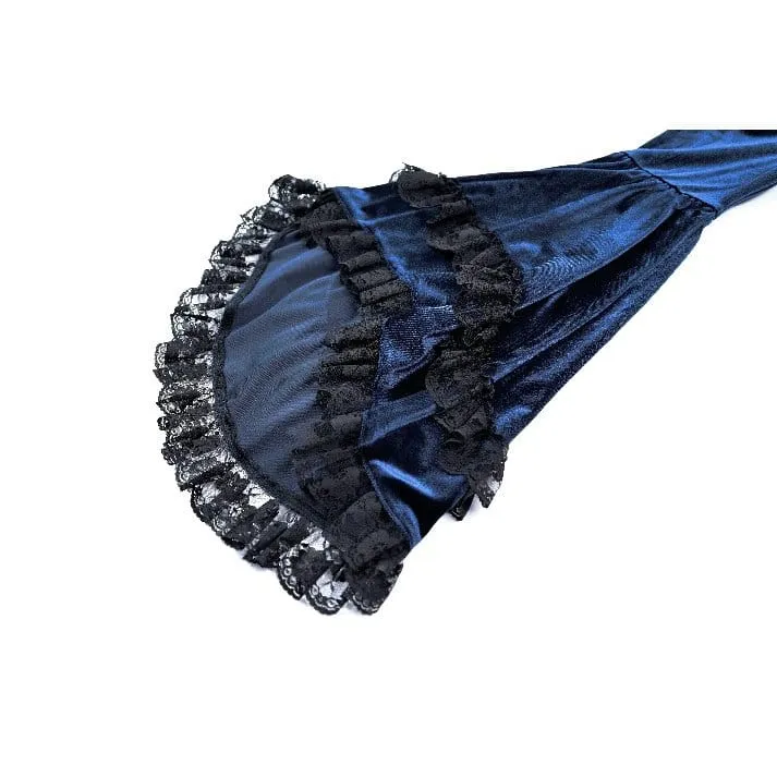 Gothic-Maxikleid für Damen mit Schnürung, Rüschen und ausgestellten Ärmeln, blau