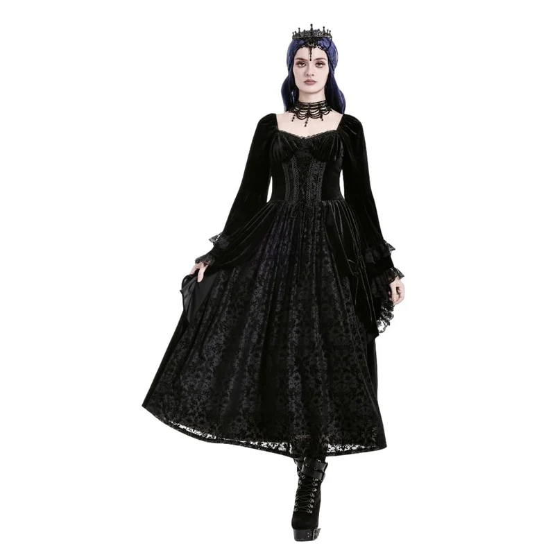 Schwarzes Gothic-Maxikleid mit Schnürung, Rüschen und ausgestellten Ärmeln für Damen – ideal als Hochzeitskleid