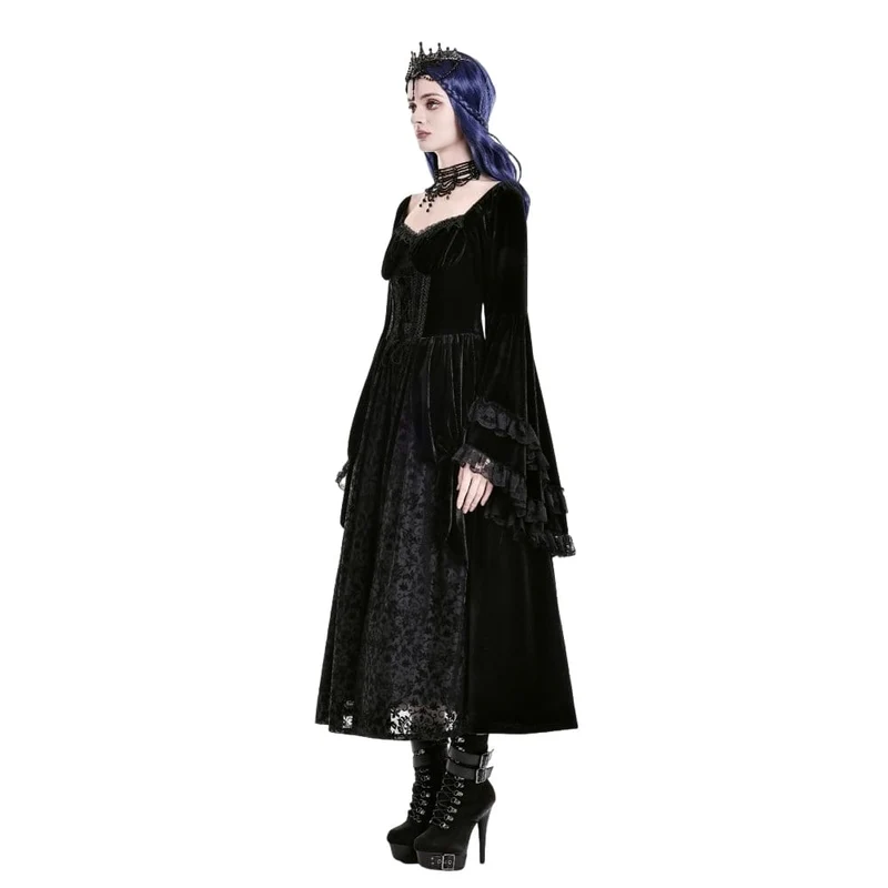 Schwarzes Gothic-Maxikleid mit Schnürung, Rüschen und ausgestellten Ärmeln für Damen – ideal als Hochzeitskleid
