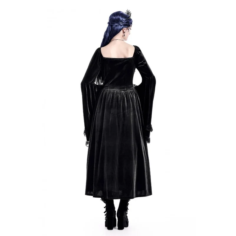 Schwarzes Gothic-Maxikleid mit Schnürung, Rüschen und ausgestellten Ärmeln für Damen – ideal als Hochzeitskleid
