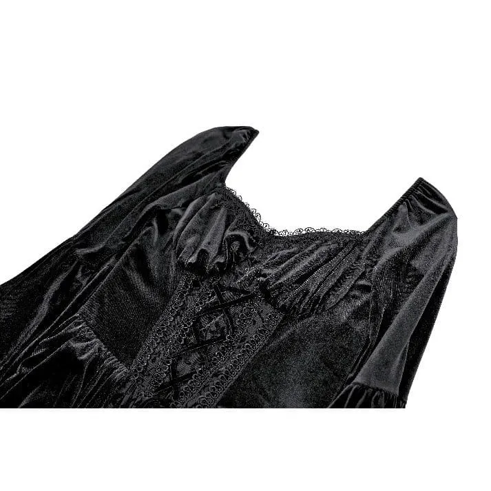 Schwarzes Gothic-Maxikleid mit Schnürung, Rüschen und ausgestellten Ärmeln für Damen – ideal als Hochzeitskleid