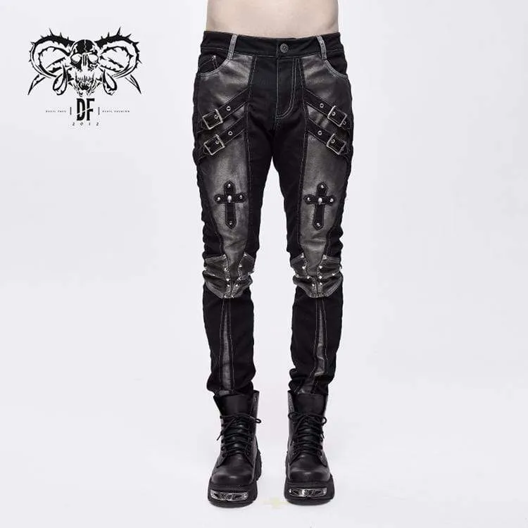 Herren Punk Cross Nieten Kunstlederhose