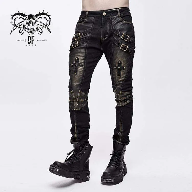 Herren Punk Cross Nieten Kunstlederhose
