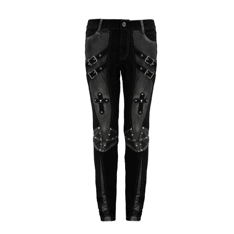 Herren Punk Cross Nieten Kunstlederhose