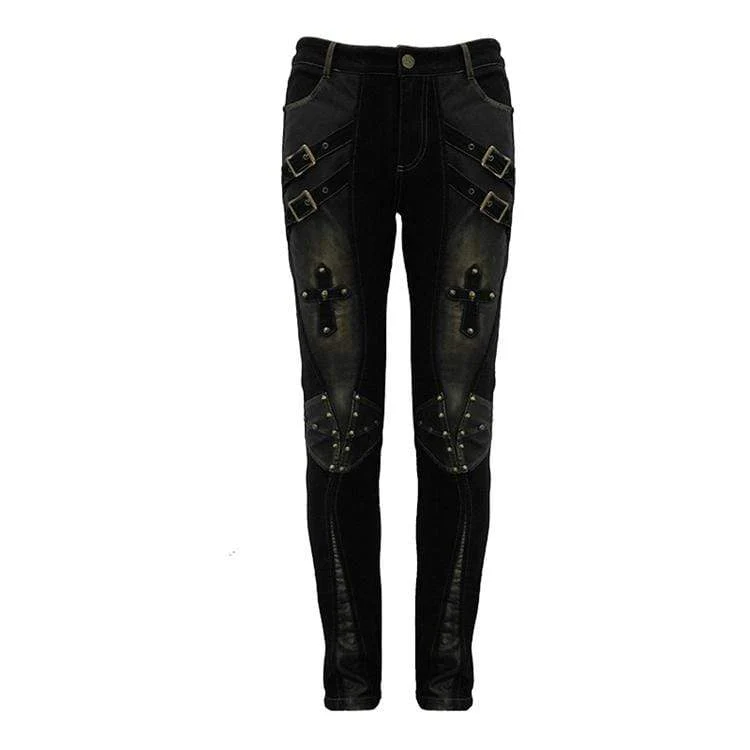 Herren Punk Cross Nieten Kunstlederhose