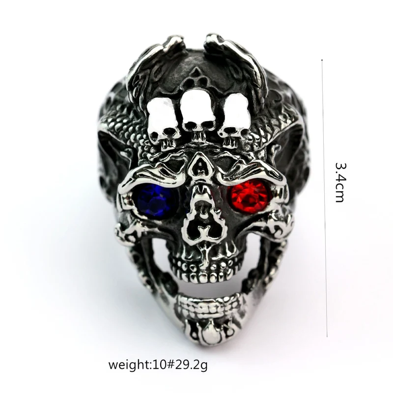 Punk-Ring für Herren mit Totenkopfmotiv in Blau und Rot
