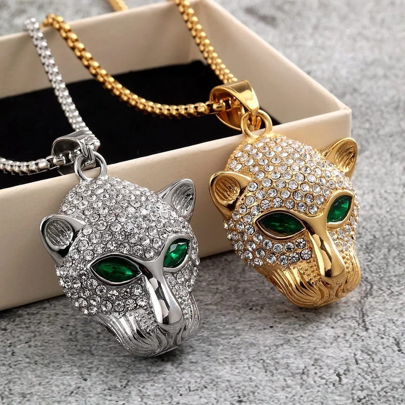 Punk-Halskette für Herren mit Diamanten, grünen Augen und Leopardenkopf
