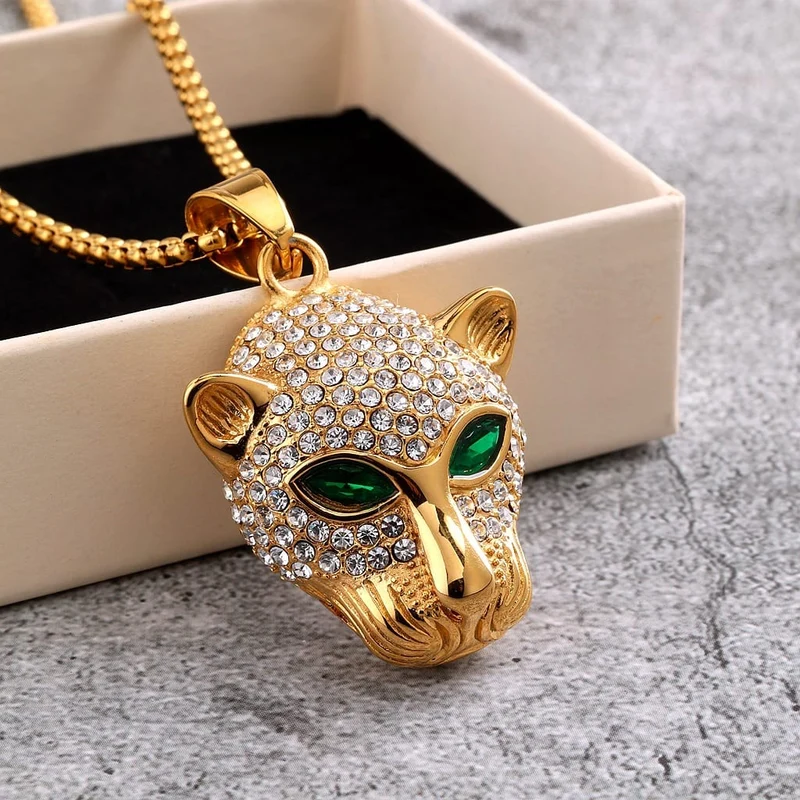 Punk-Halskette für Herren mit Diamanten, grünen Augen und Leopardenkopf