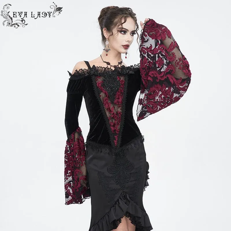 Damen Gothic Off Shoulder Lace Splice Velvet Shirt Rot