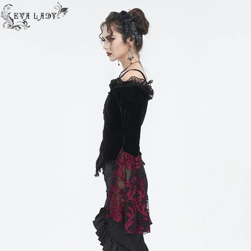 Damen Gothic Off Shoulder Lace Splice Velvet Shirt Rot