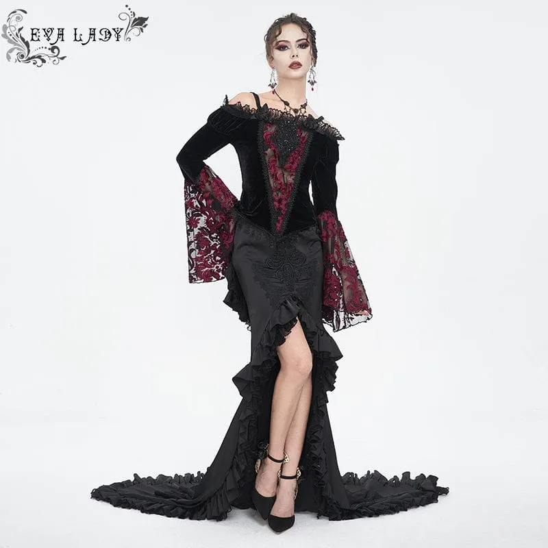 Damen Gothic Off Shoulder Lace Splice Velvet Shirt Rot