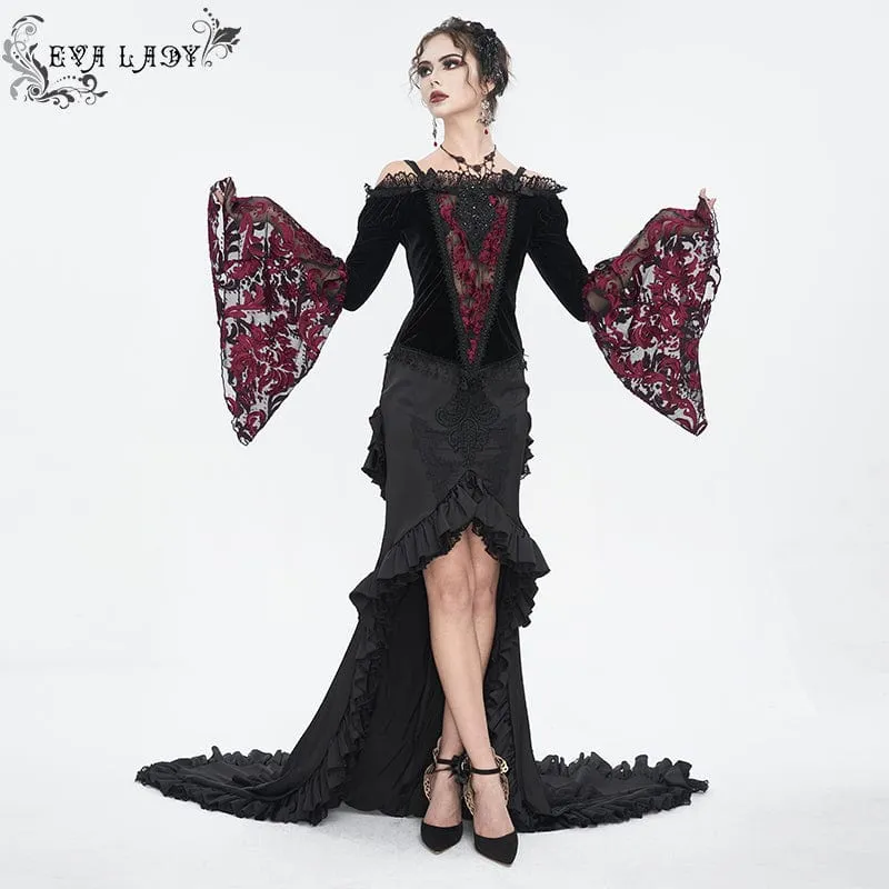 Damen Gothic Off Shoulder Lace Splice Velvet Shirt Rot