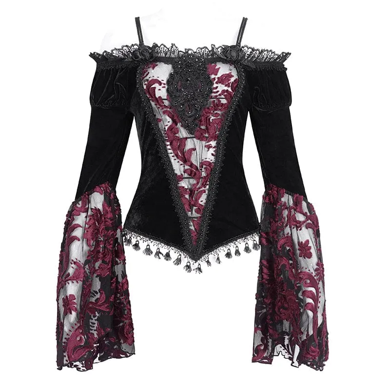 Damen Gothic Off Shoulder Lace Splice Velvet Shirt Rot