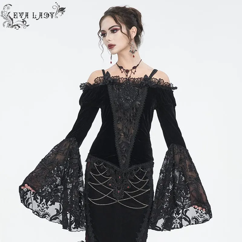 Damen Gothic Off Shoulder Lace Splice Velvet Shirt Schwarz
