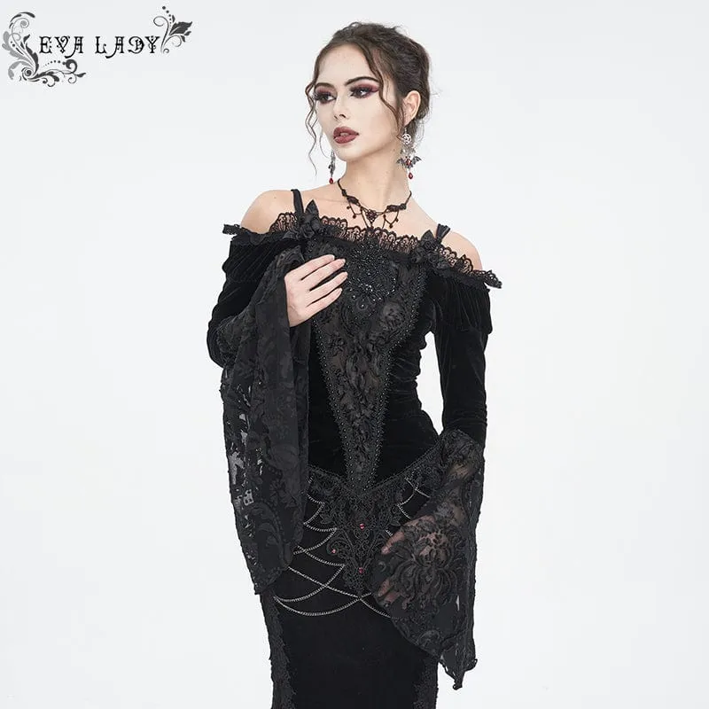 Damen Gothic Off Shoulder Lace Splice Velvet Shirt Schwarz