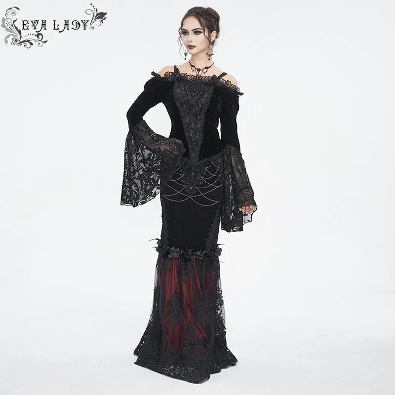 Damen Gothic Off Shoulder Lace Splice Velvet Shirt Schwarz
