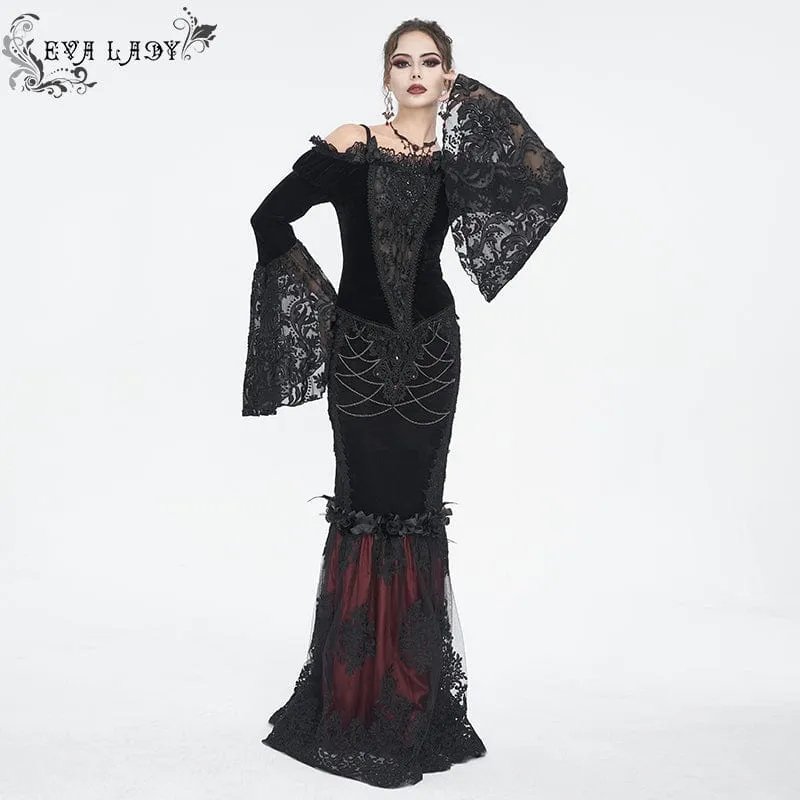 Damen Gothic Off Shoulder Lace Splice Velvet Shirt Schwarz