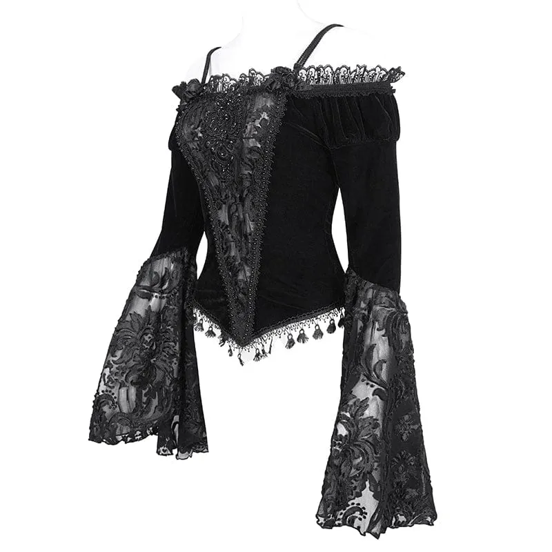 Damen Gothic Off Shoulder Lace Splice Velvet Shirt Schwarz