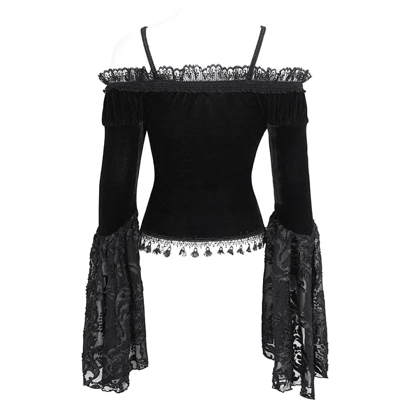 Damen Gothic Off Shoulder Lace Splice Velvet Shirt Schwarz