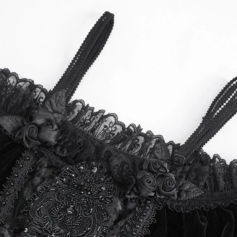 Damen Gothic Off Shoulder Lace Splice Velvet Shirt Schwarz