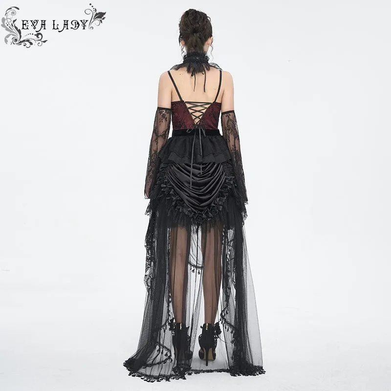 Damen-Gothic-Hemd aus mehrlagiger Spitze mit tiefem Ausschnitt und Ärmelüberzügen