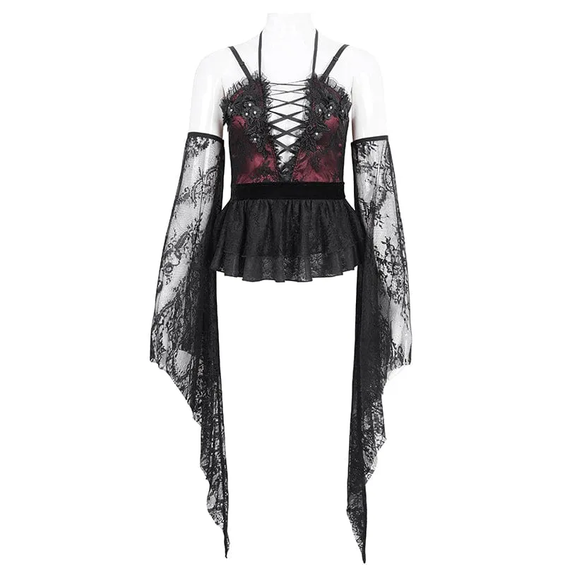 Damen-Gothic-Hemd aus mehrlagiger Spitze mit tiefem Ausschnitt und Ärmelüberzügen