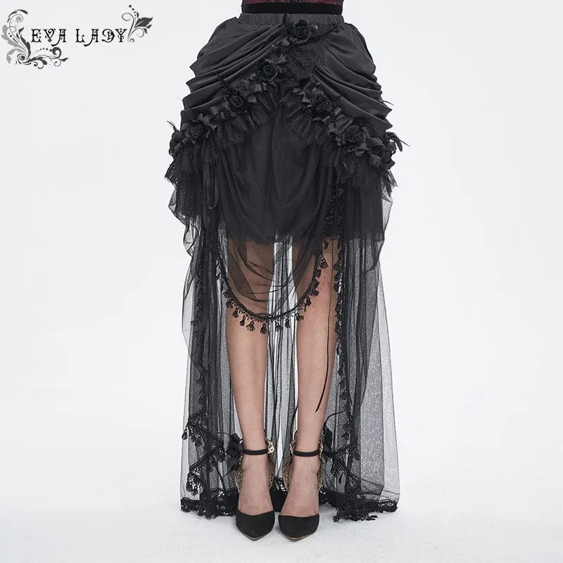 Damen-Gothic-Rock mit Kordelzug und Rosen-Mesh-Spleiß