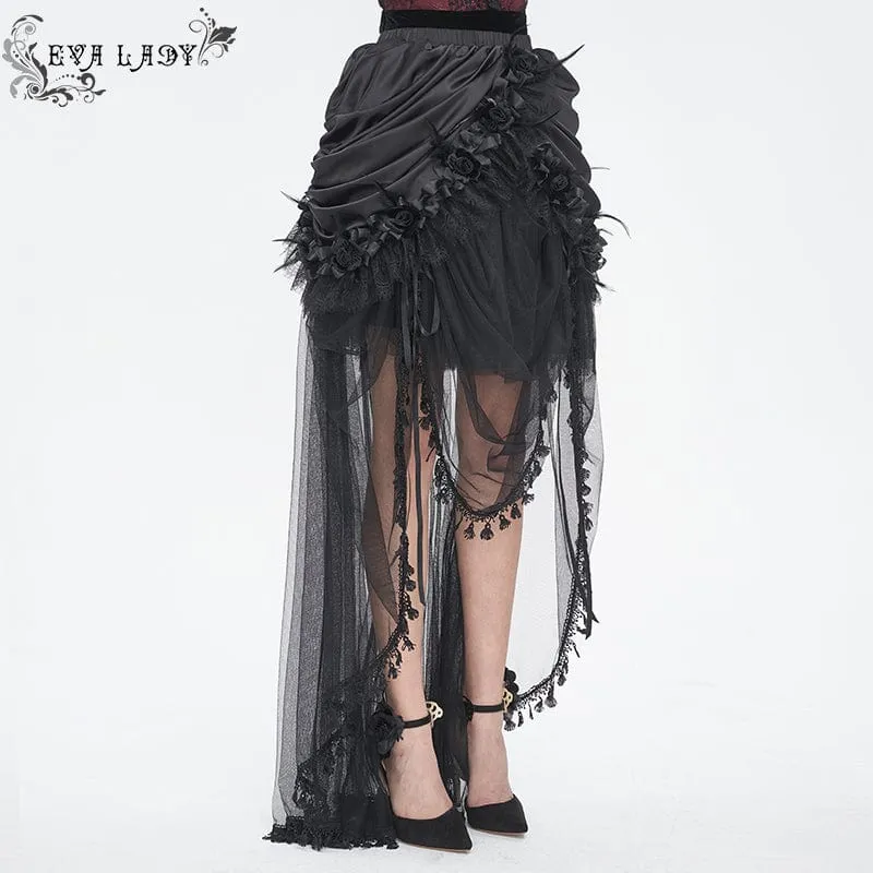 Damen-Gothic-Rock mit Kordelzug und Rosen-Mesh-Spleiß