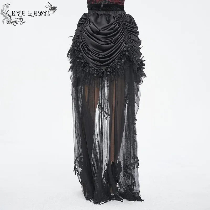 Damen-Gothic-Rock mit Kordelzug und Rosen-Mesh-Spleiß