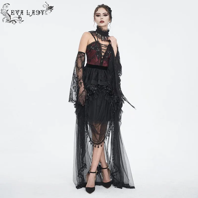 Damen-Gothic-Rock mit Kordelzug und Rosen-Mesh-Spleiß