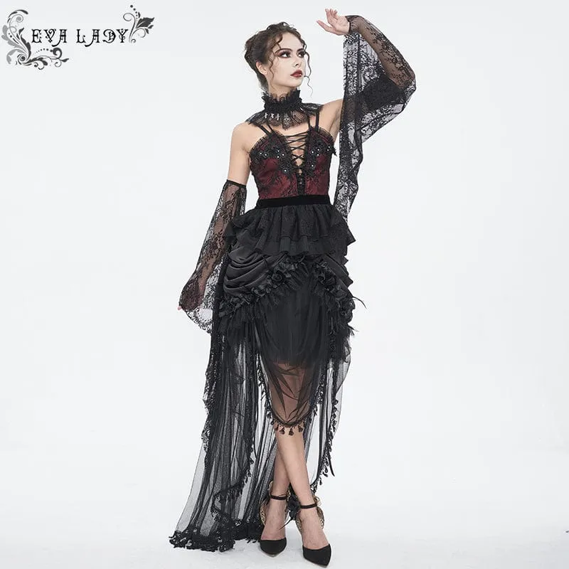 Damen-Gothic-Rock mit Kordelzug und Rosen-Mesh-Spleiß