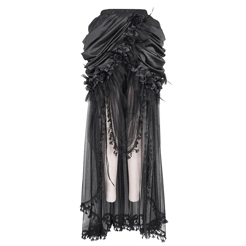 Damen-Gothic-Rock mit Kordelzug und Rosen-Mesh-Spleiß