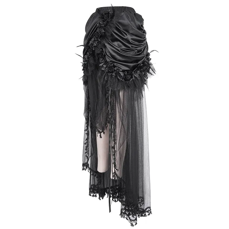 Damen-Gothic-Rock mit Kordelzug und Rosen-Mesh-Spleiß