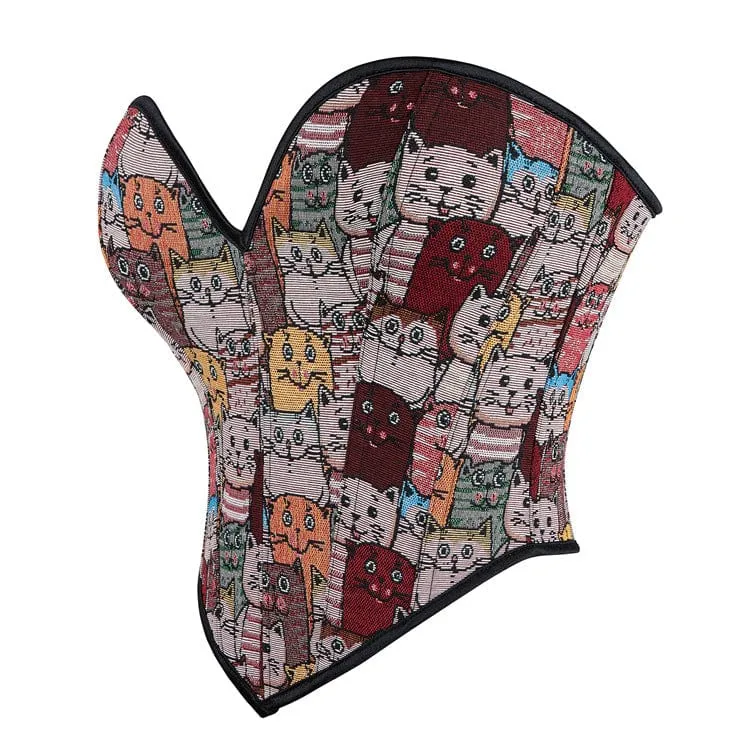 Damen-Vollbrustkorsett mit bunter Katzenstickerei im Grunge-Stil