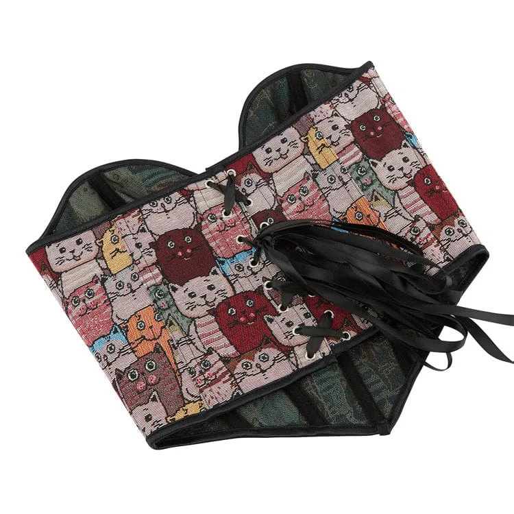 Damen-Vollbrustkorsett mit bunter Katzenstickerei im Grunge-Stil