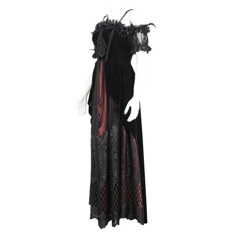 Gothic-Kleid für Damen, schulterfrei, rosafarben, perlenbesetzt, aus rotem Samt, Hochzeitskleid