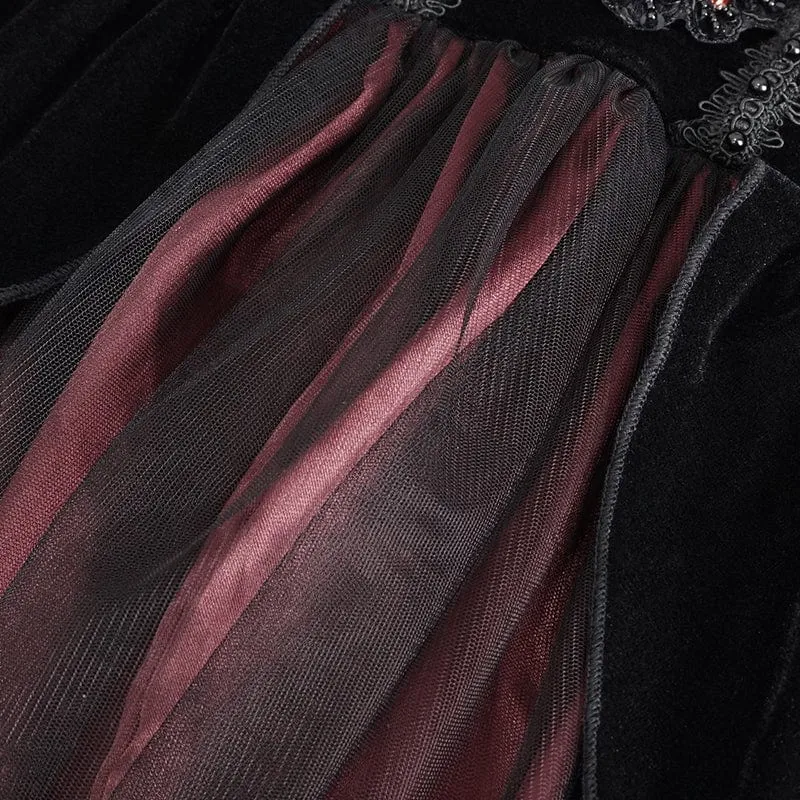 Gothic-Kleid für Damen, schulterfrei, rosafarben, perlenbesetzt, aus rotem Samt, Hochzeitskleid