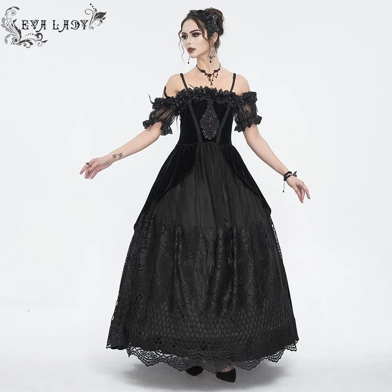 Schulterfreies Gothic-Hochzeitskleid aus Samt mit Rosenperlen und schwarzen Perlen für Damen