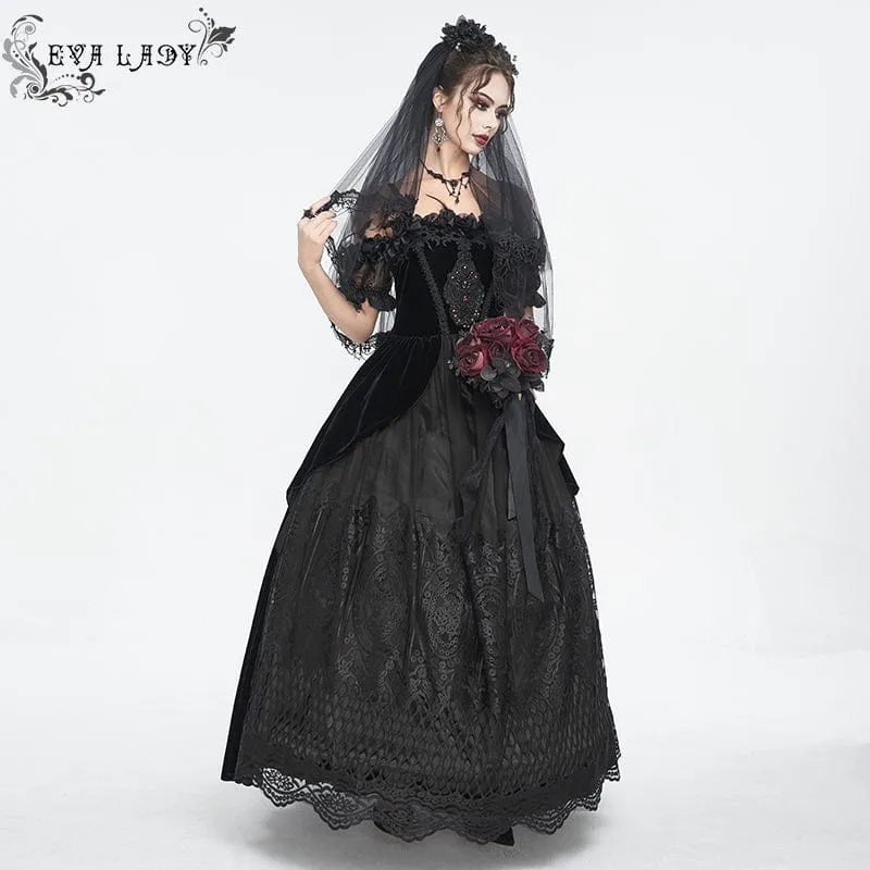 Schulterfreies Gothic-Hochzeitskleid aus Samt mit Rosenperlen und schwarzen Perlen für Damen