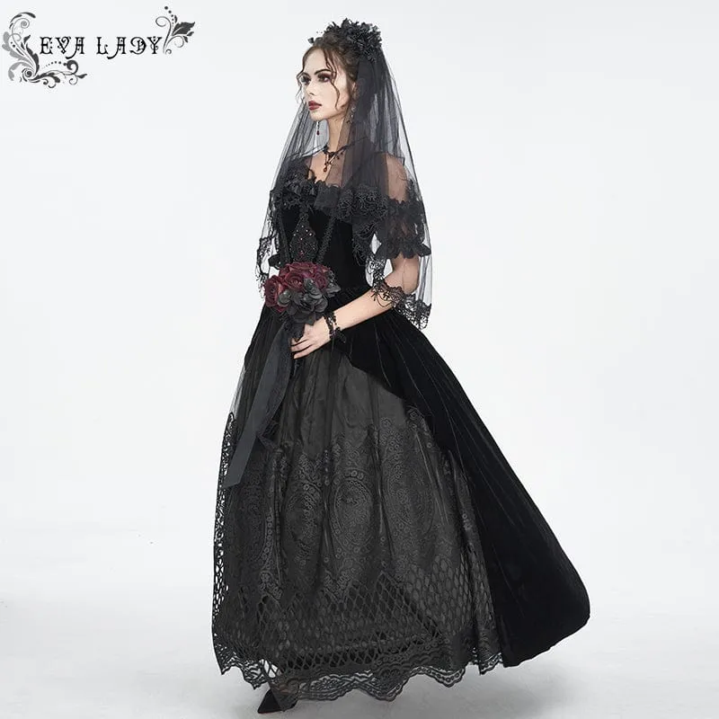Schulterfreies Gothic-Hochzeitskleid aus Samt mit Rosenperlen und schwarzen Perlen für Damen